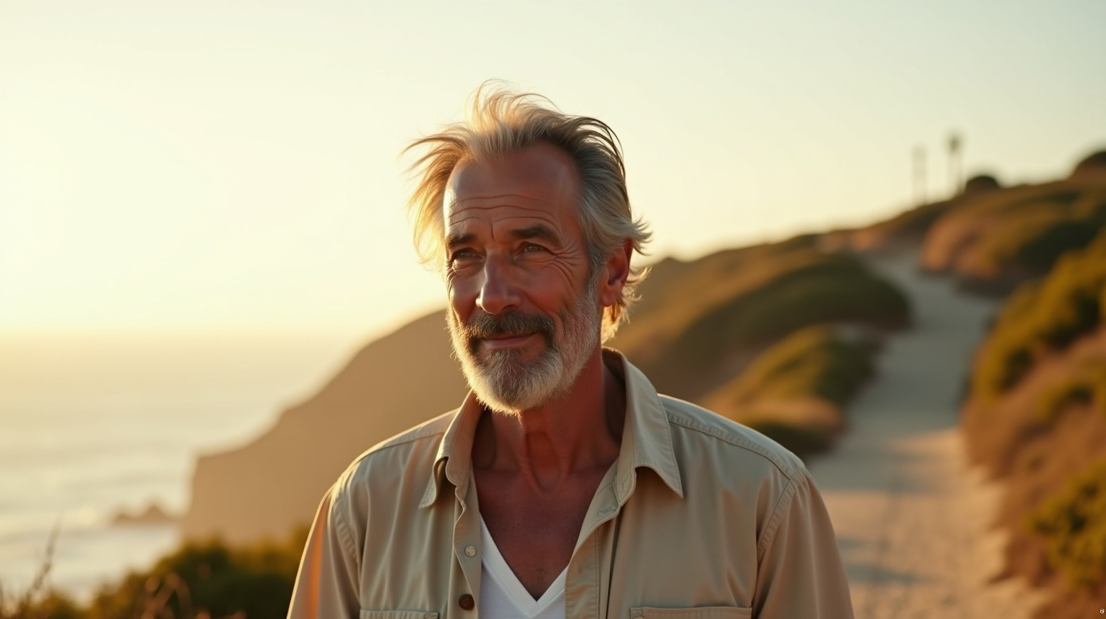A man in his fifties walking toward an open horizon in golden light
