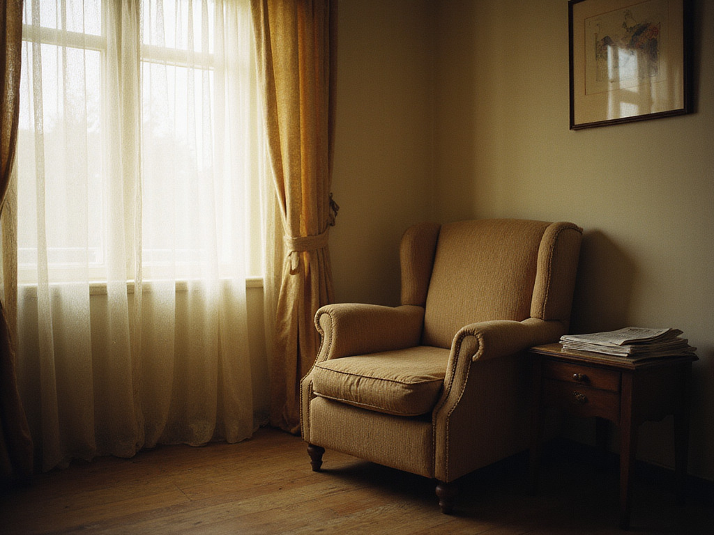 An empty armchair by a sunlit window, a newspaper folded on the side table