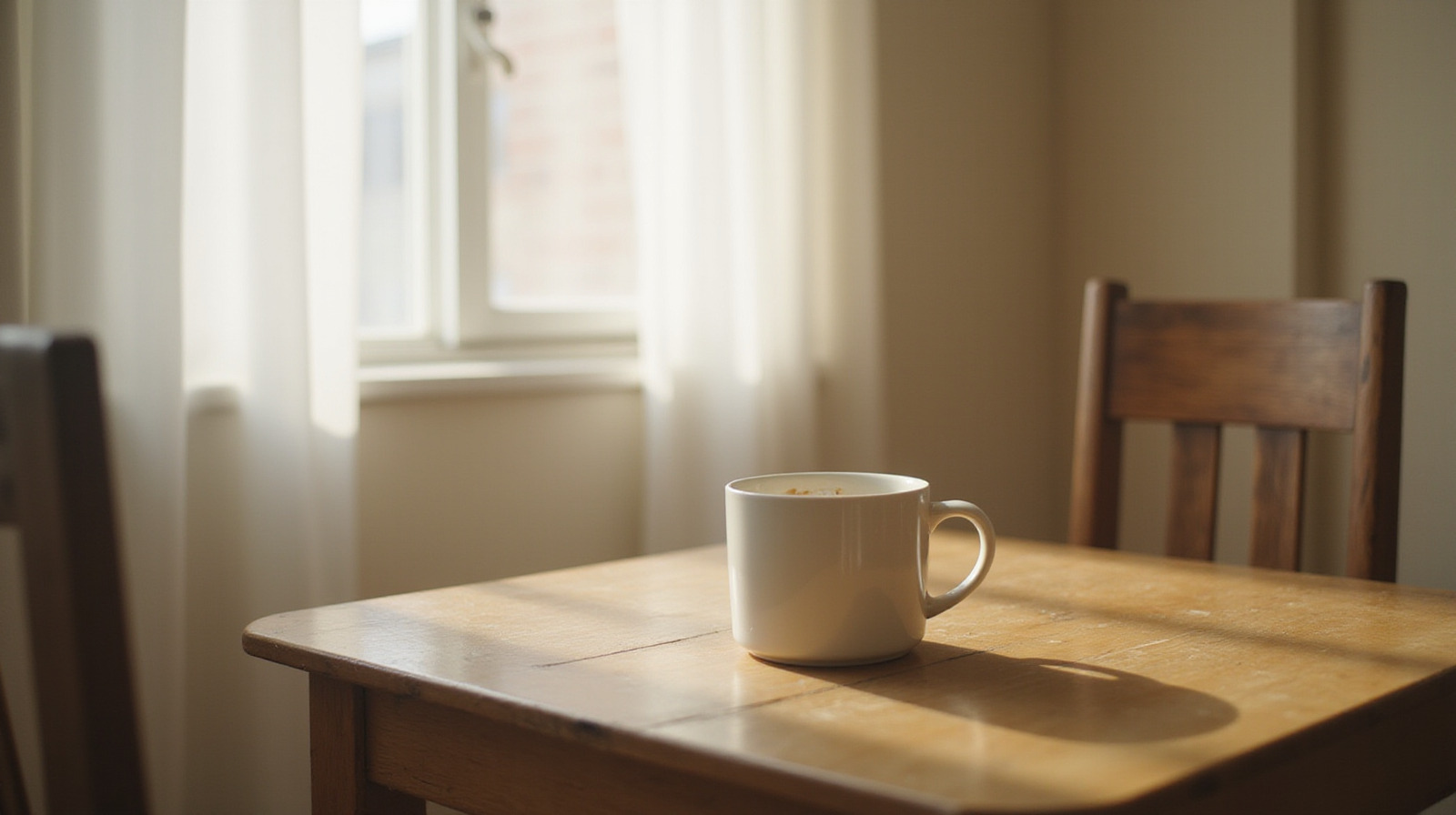 A single cup on a wooden table by a quiet morning window